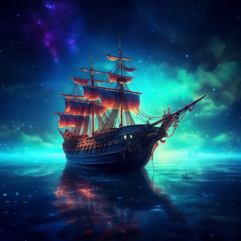 (Pirate ship sailing into a bioluminescence sea with a galaxy in the sky), epic, 4k, ultra